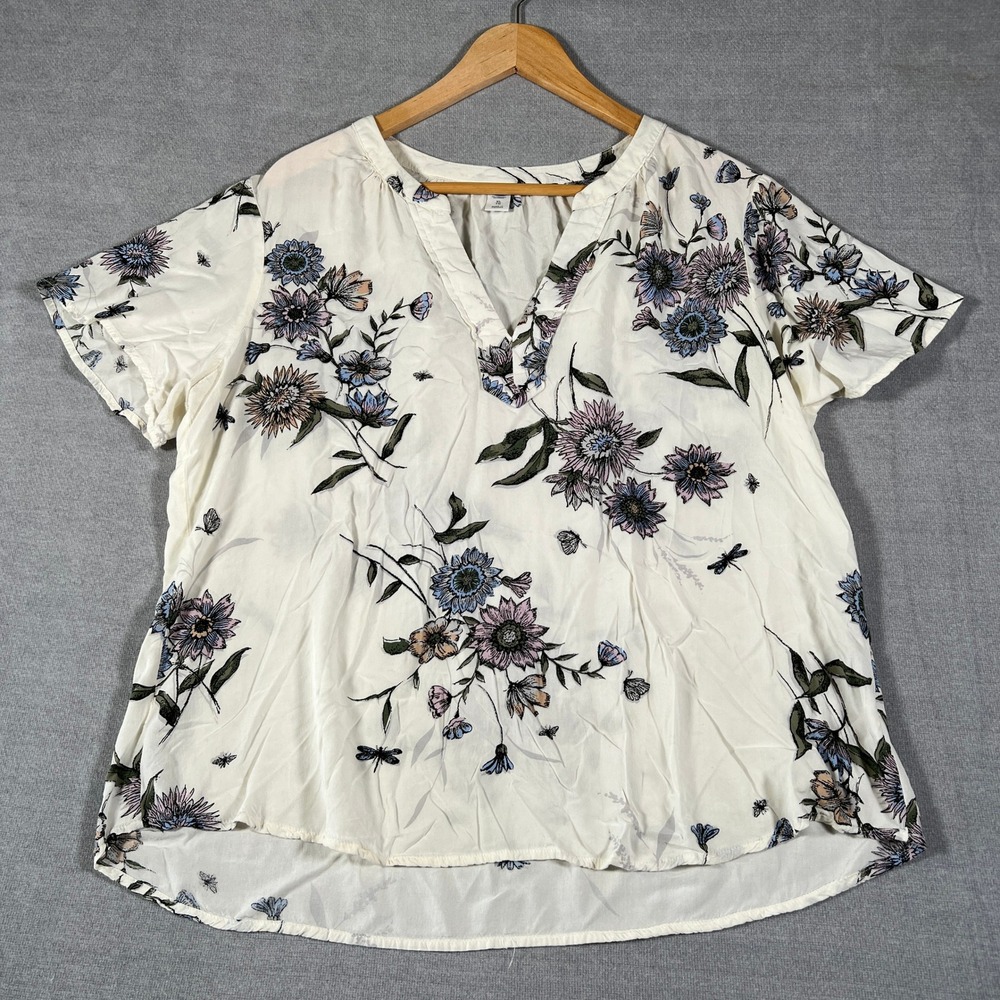 Old Navy Floral V-Neck Short Sleeve Blouse Womens XL White Rayon